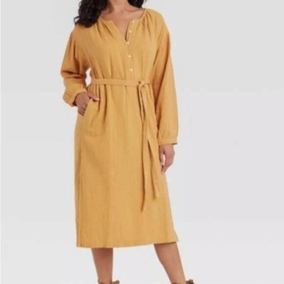 Universal Thread Mustard Gold Balloon Sleeve Gauze Dress Midi Tie Waist Henley - Picture 3 of 5